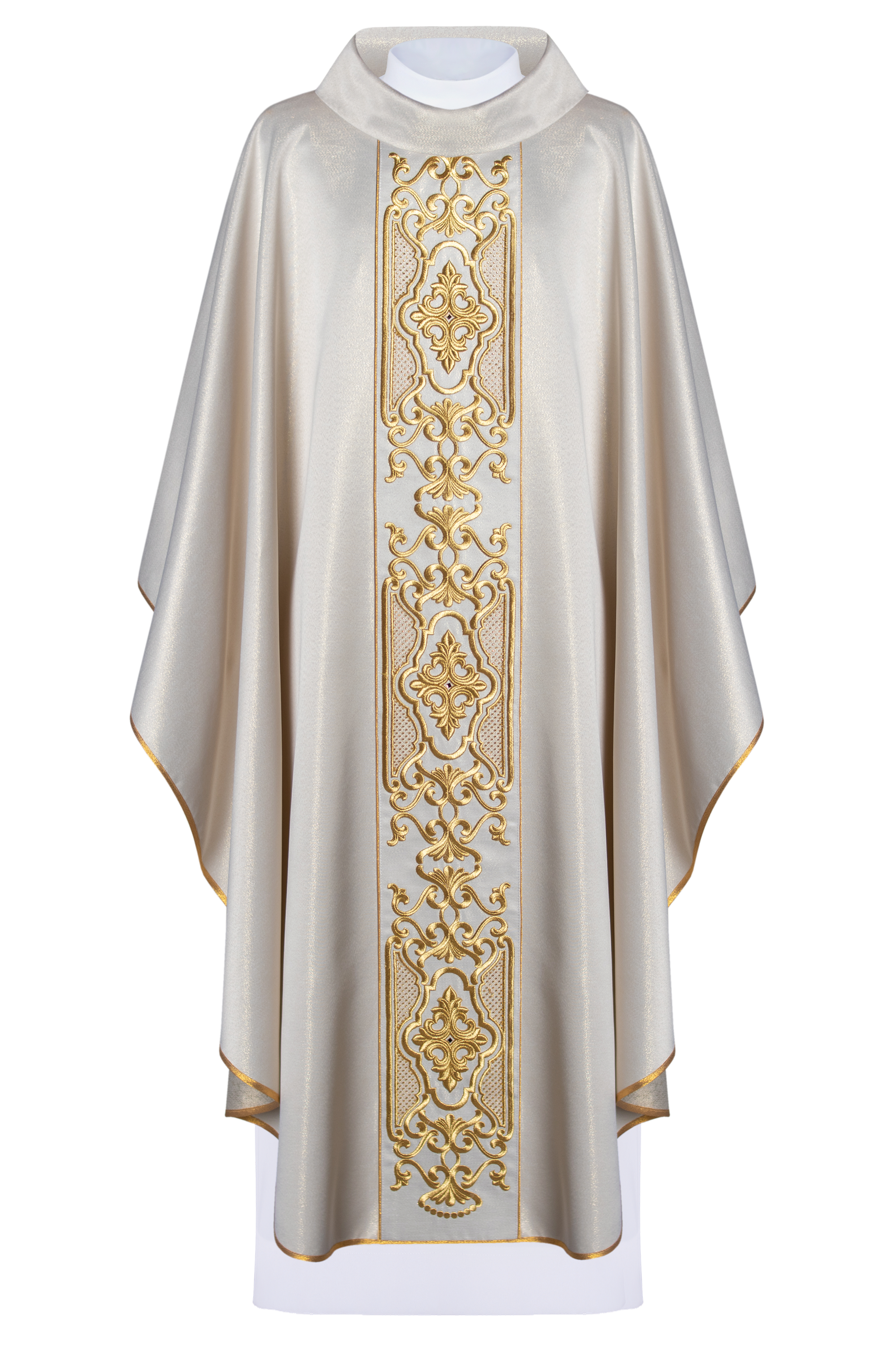 Shimmering fabric chasuble with rich gold embroidery on the belt