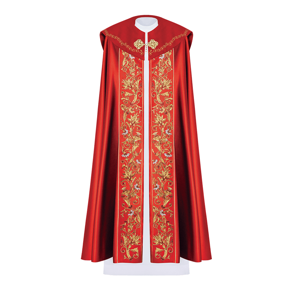Kapa eucharystyczna z bogato zdobionym monogramem w kolorze czerwonym