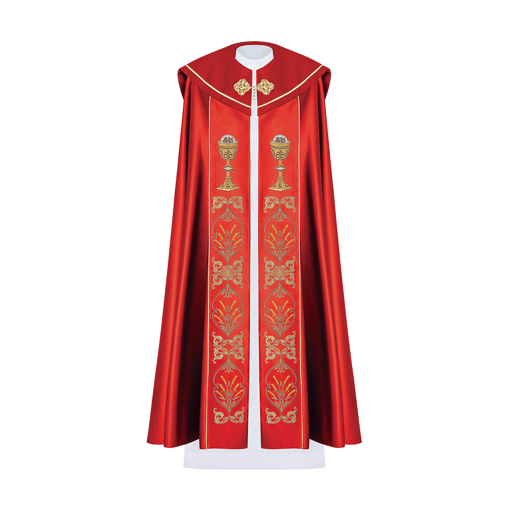 Kapa liturgiczna haftowana kielich i IHS w odcieniu czerwonym